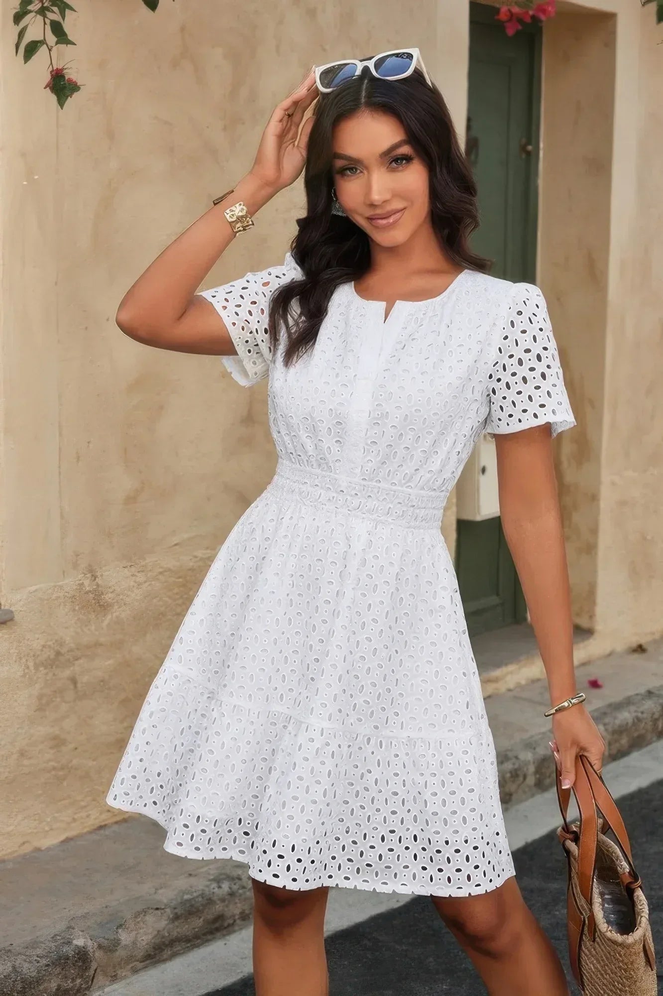 V Neck Lace Solid Lace Ruffle Hollow A Line Dress | Mixtshop LLC