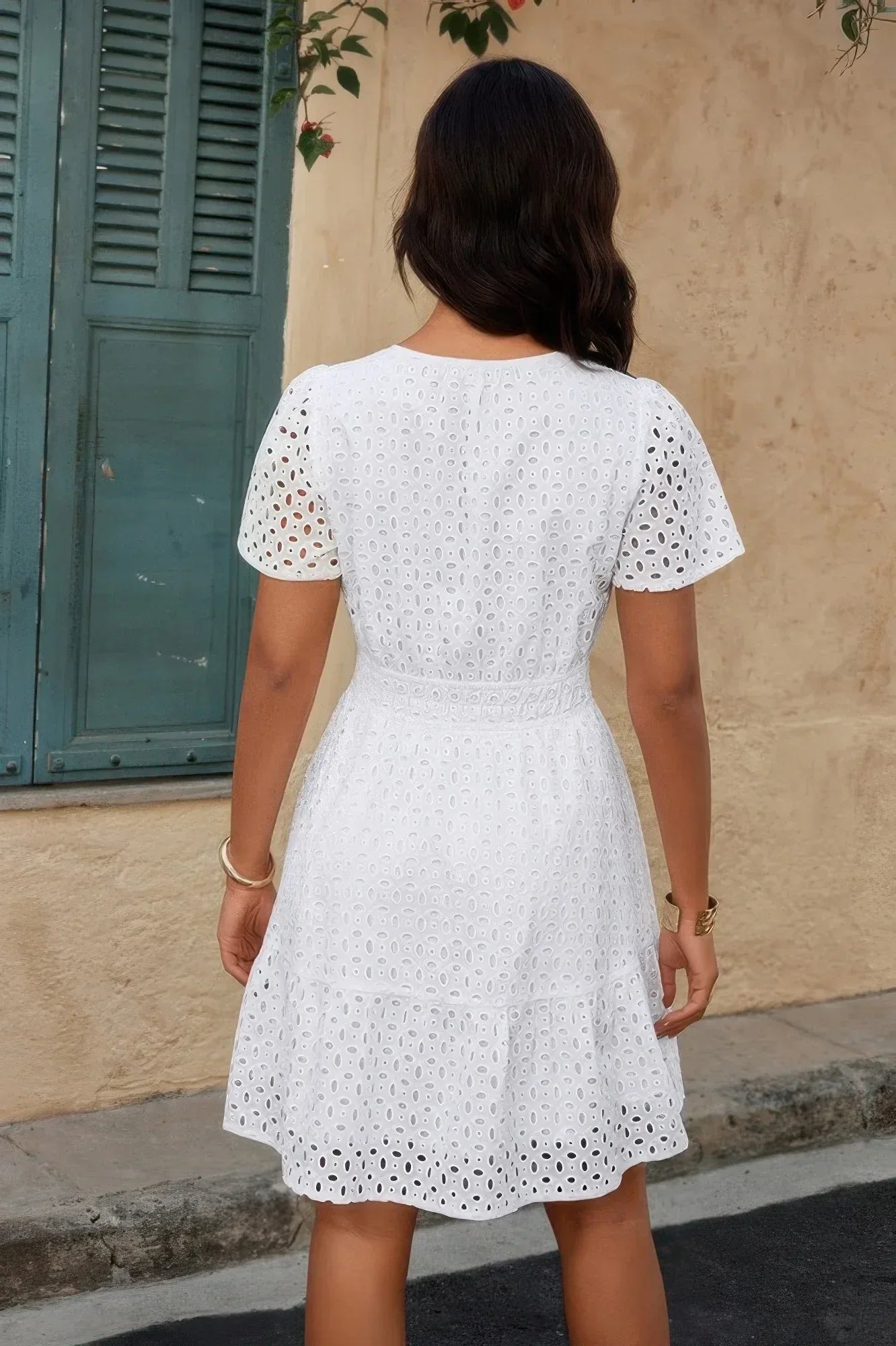 V Neck Lace Solid Lace Ruffle Hollow A Line Dress | Mixtshop LLC