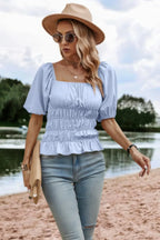 Solid Square Neck Shirred Flounce Sleeve Peplum Blouse | Mixtshop LLC
