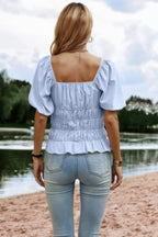 Solid Square Neck Shirred Flounce Sleeve Peplum Blouse | Mixtshop LLC