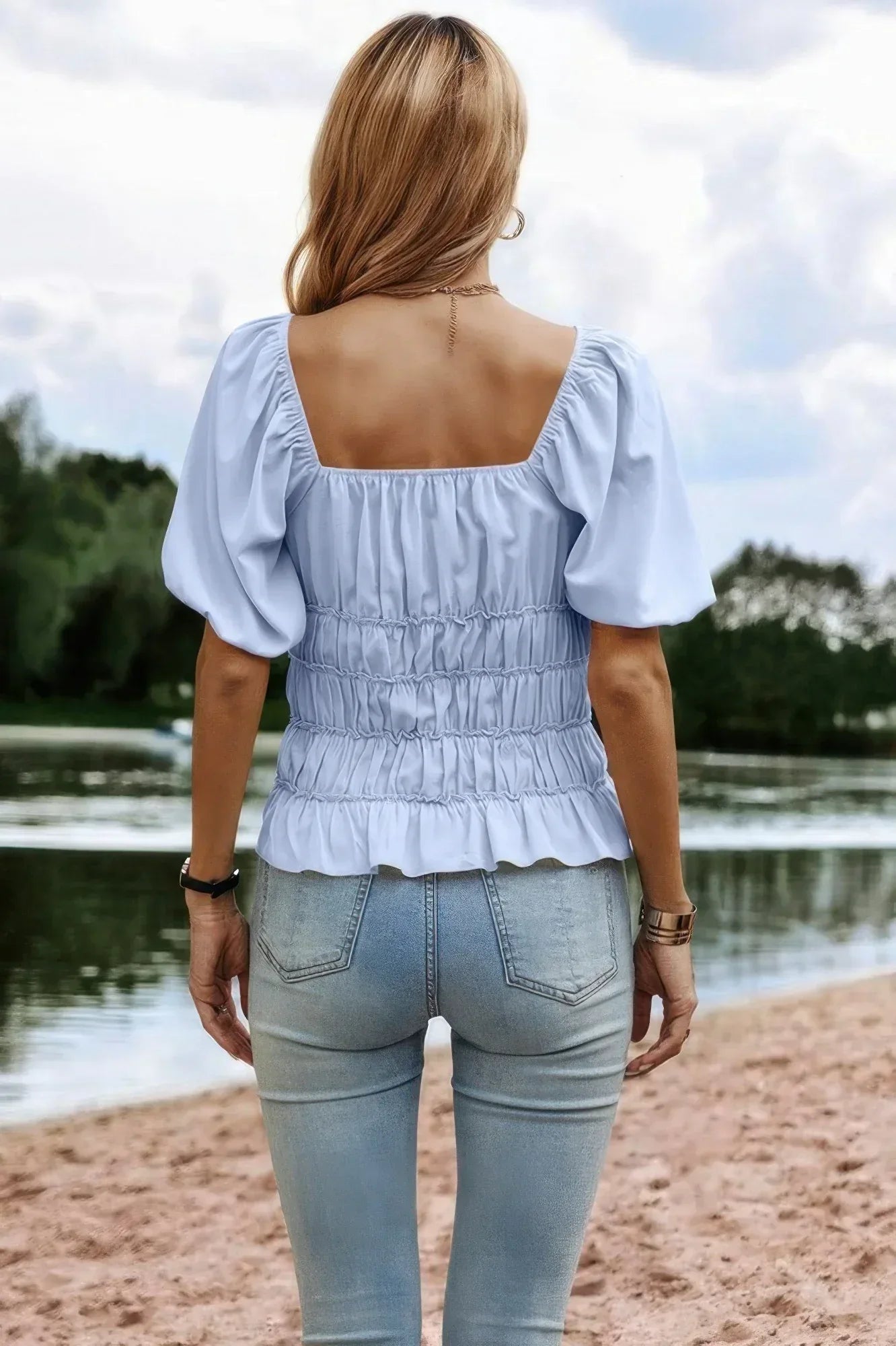 Solid Square Neck Shirred Flounce Sleeve Peplum Blouse | Mixtshop LLC