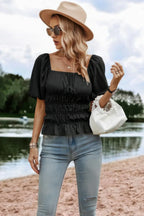 Solid Square Neck Shirred Flounce Sleeve Peplum Blouse | Mixtshop LLC