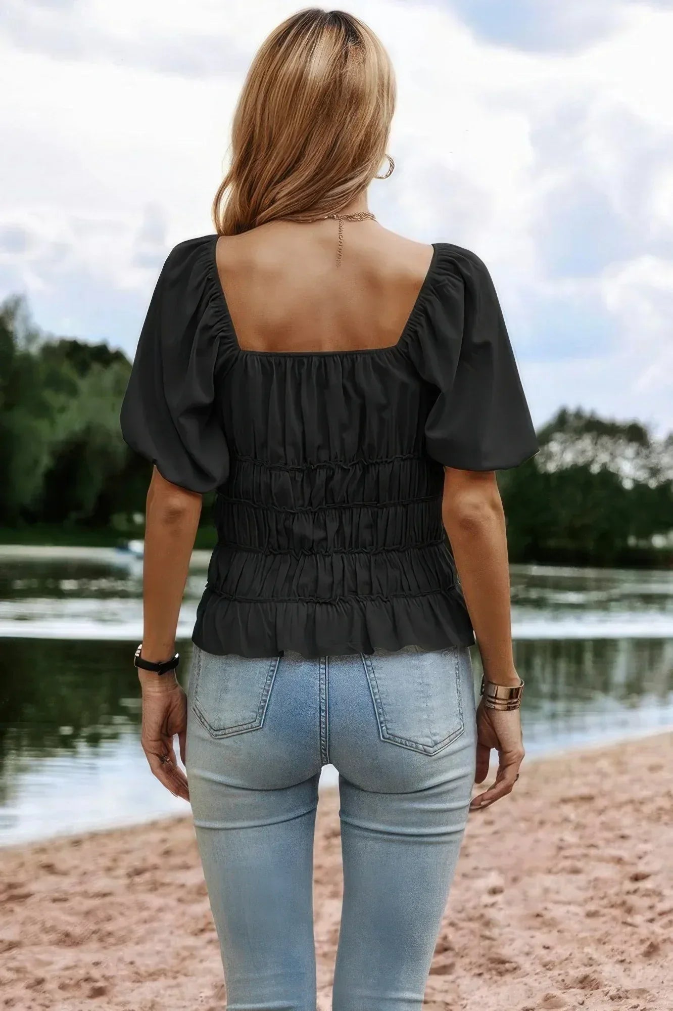 Solid Square Neck Shirred Flounce Sleeve Peplum Blouse | Mixtshop LLC
