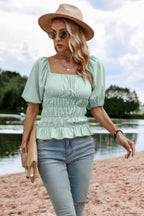 Solid Square Neck Shirred Flounce Sleeve Peplum Blouse | Mixtshop LLC