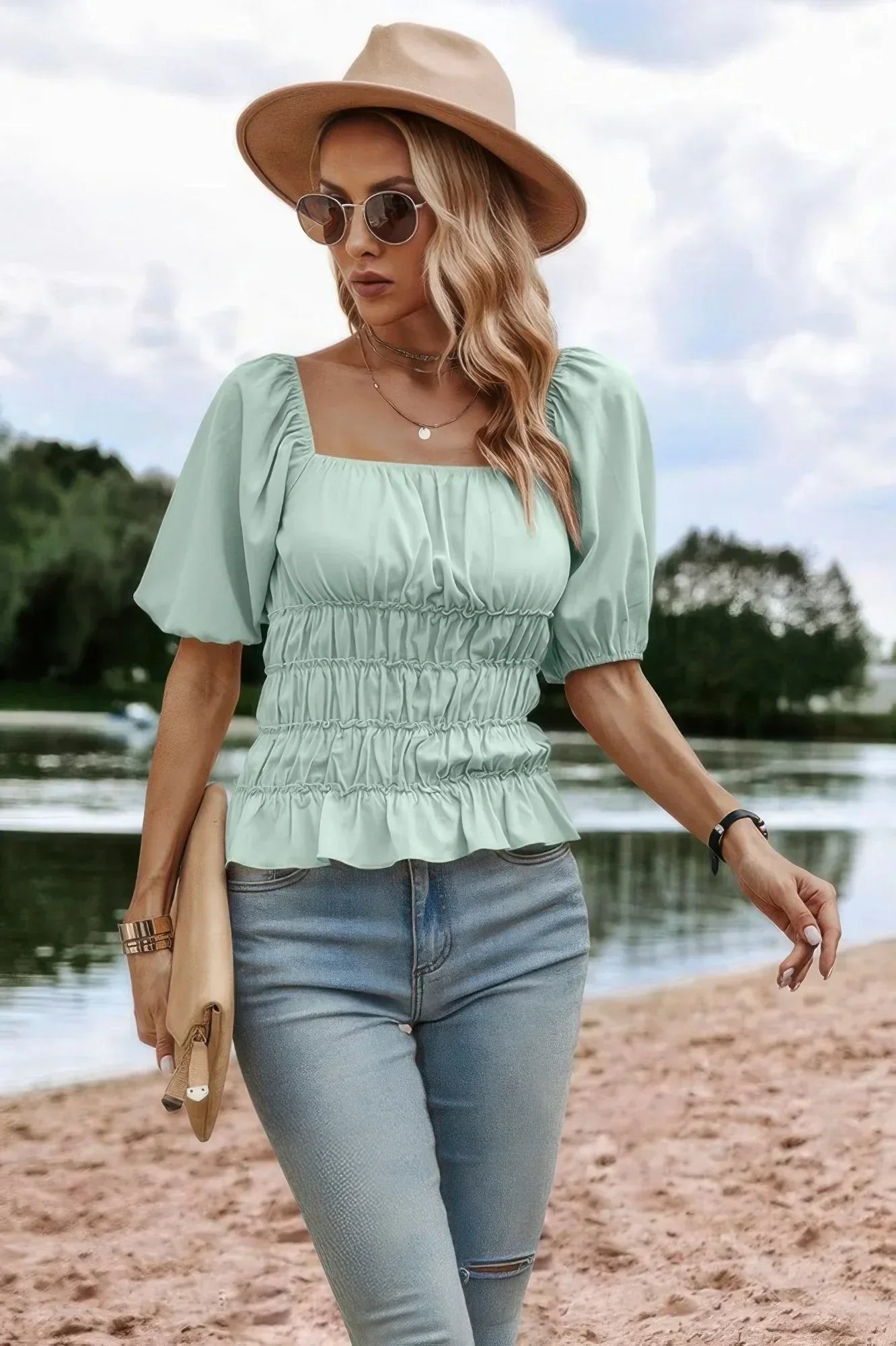 Solid Square Neck Shirred Flounce Sleeve Peplum Blouse | Mixtshop LLC