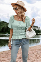 Solid Square Neck Shirred Flounce Sleeve Peplum Blouse | Mixtshop LLC