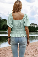 Solid Square Neck Shirred Flounce Sleeve Peplum Blouse | Mixtshop LLC