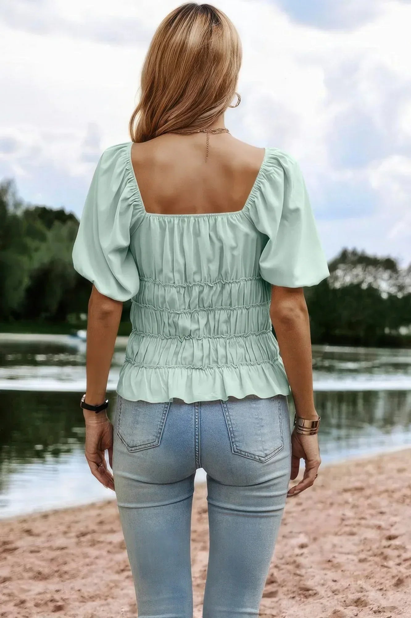 Solid Square Neck Shirred Flounce Sleeve Peplum Blouse | Mixtshop LLC