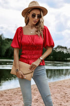Solid Square Neck Shirred Flounce Sleeve Peplum Blouse | Mixtshop LLC