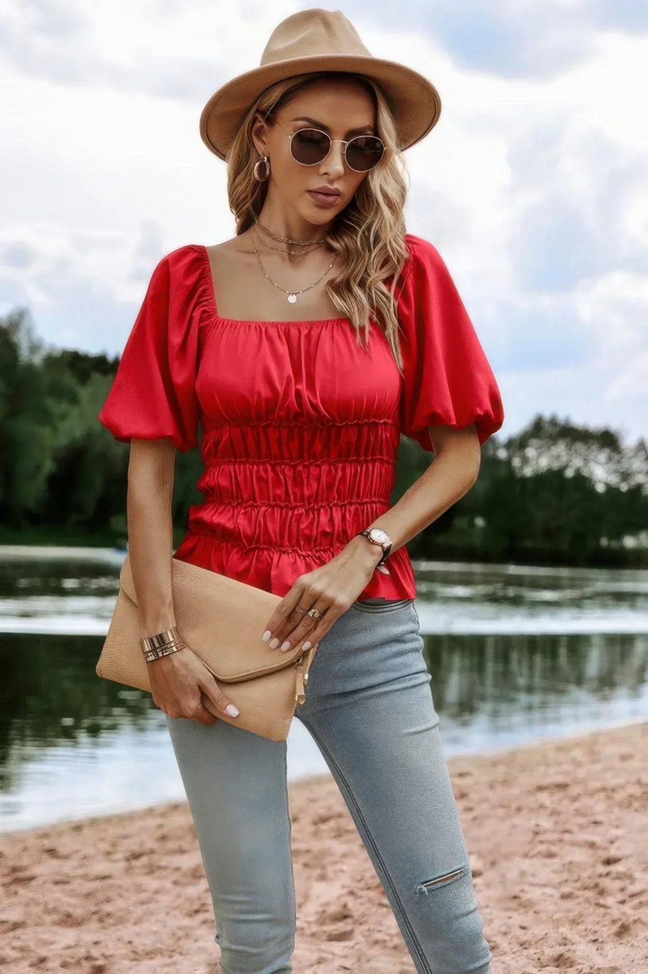Solid Square Neck Shirred Flounce Sleeve Peplum Blouse | Mixtshop LLC