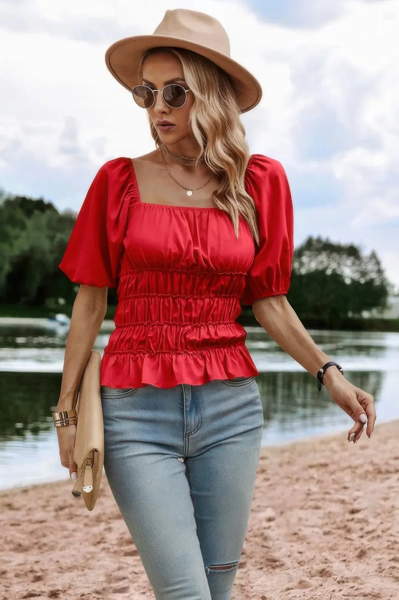 Solid Square Neck Shirred Flounce Sleeve Peplum Blouse | Mixtshop LLC