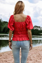Solid Square Neck Shirred Flounce Sleeve Peplum Blouse | Mixtshop LLC
