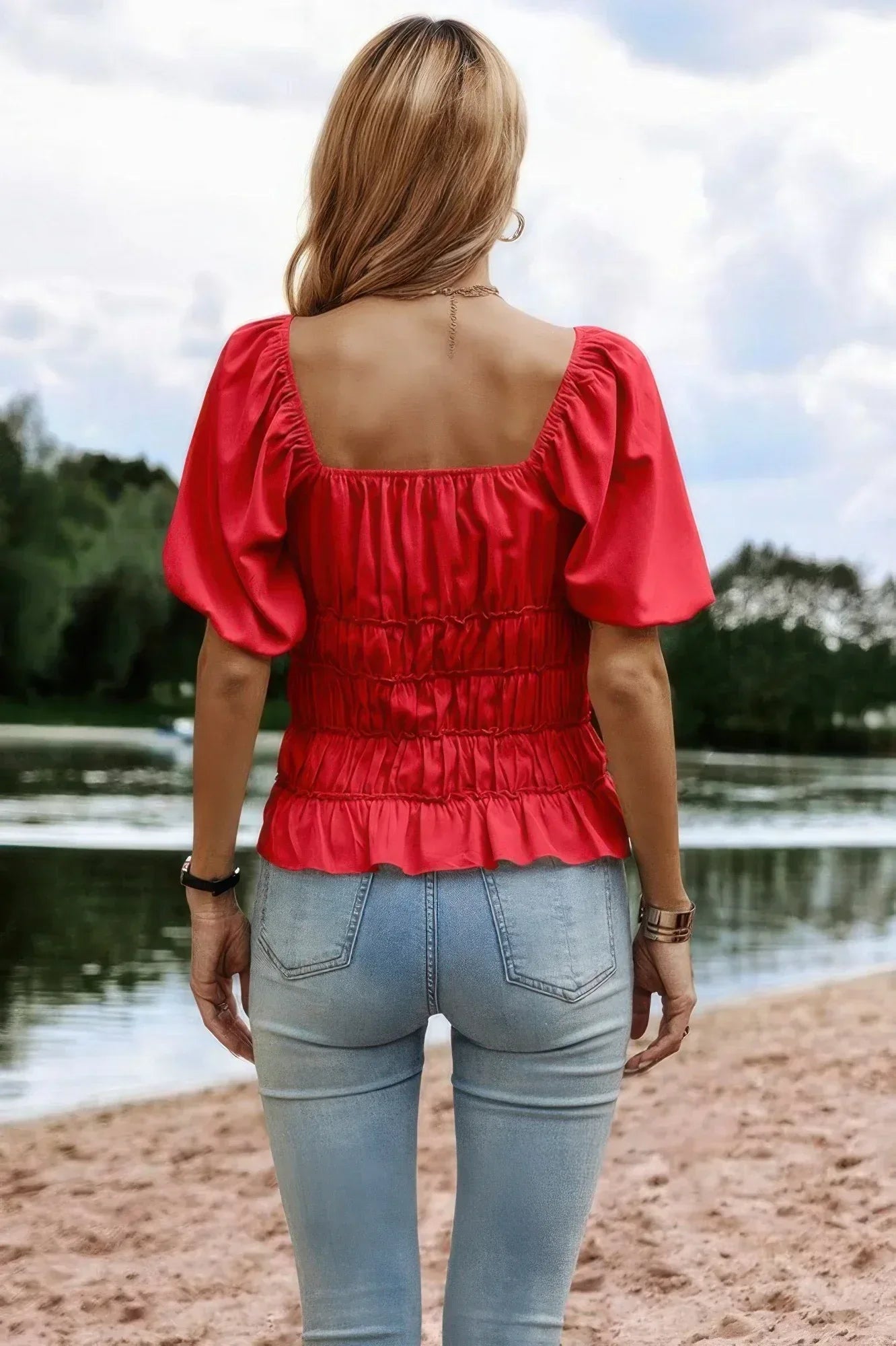 Solid Square Neck Shirred Flounce Sleeve Peplum Blouse | Mixtshop LLC