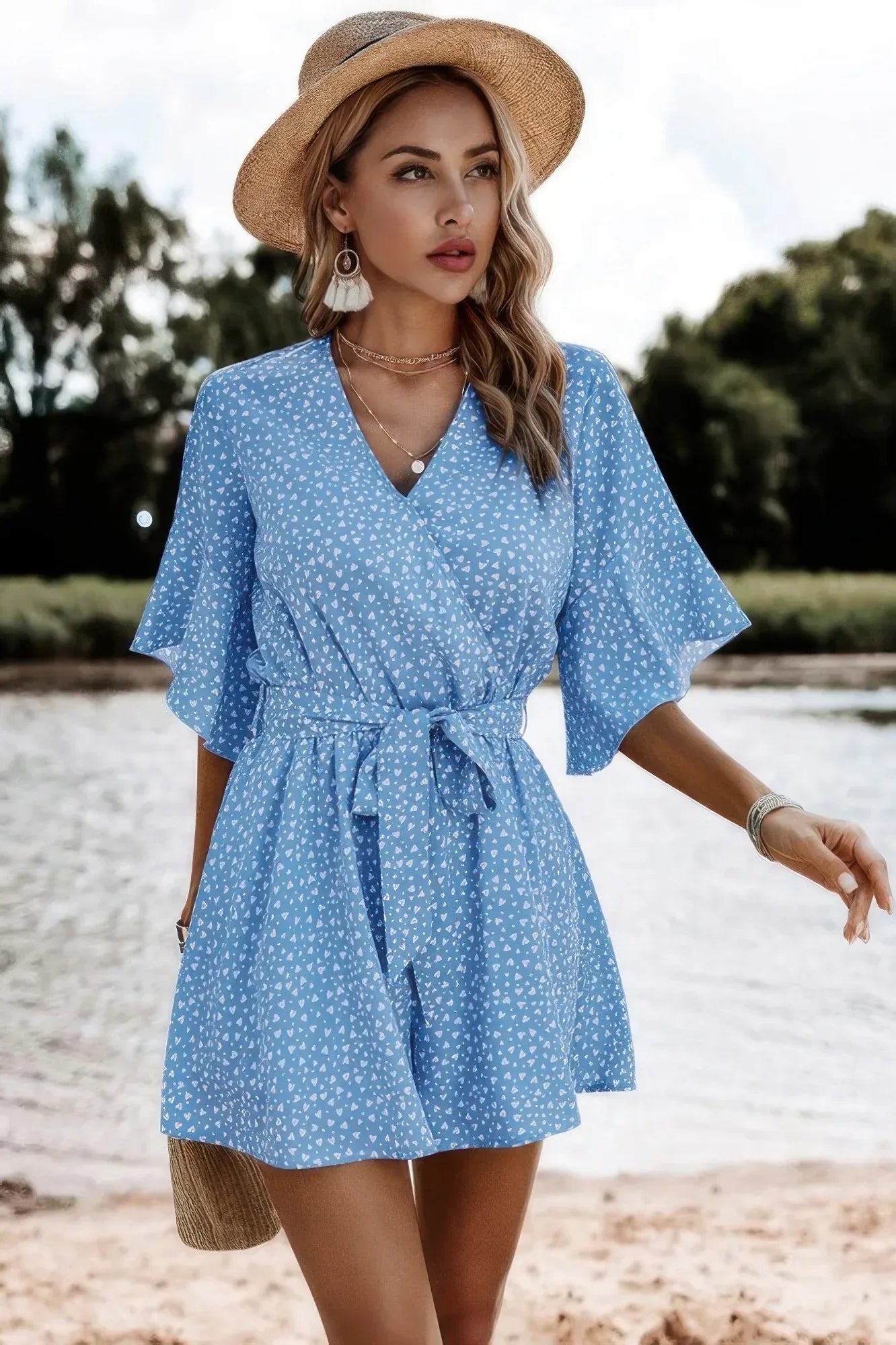 V Neck Ruffled Belted Flared Hemmed Romper | Mixtshop LLC Main image