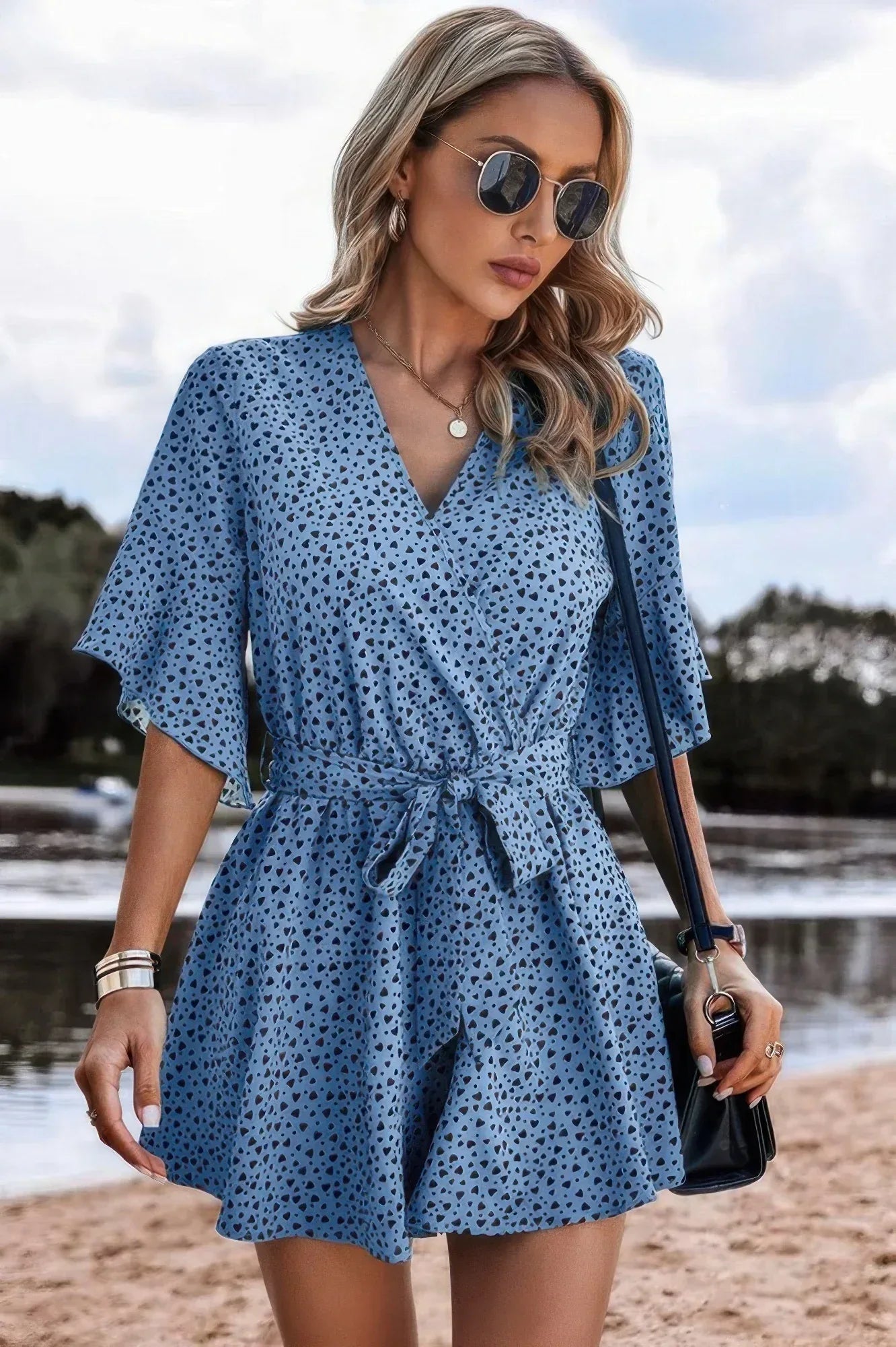 V Neck Ruffled Belted Flared Hemmed Romper | Mixtshop LLC
