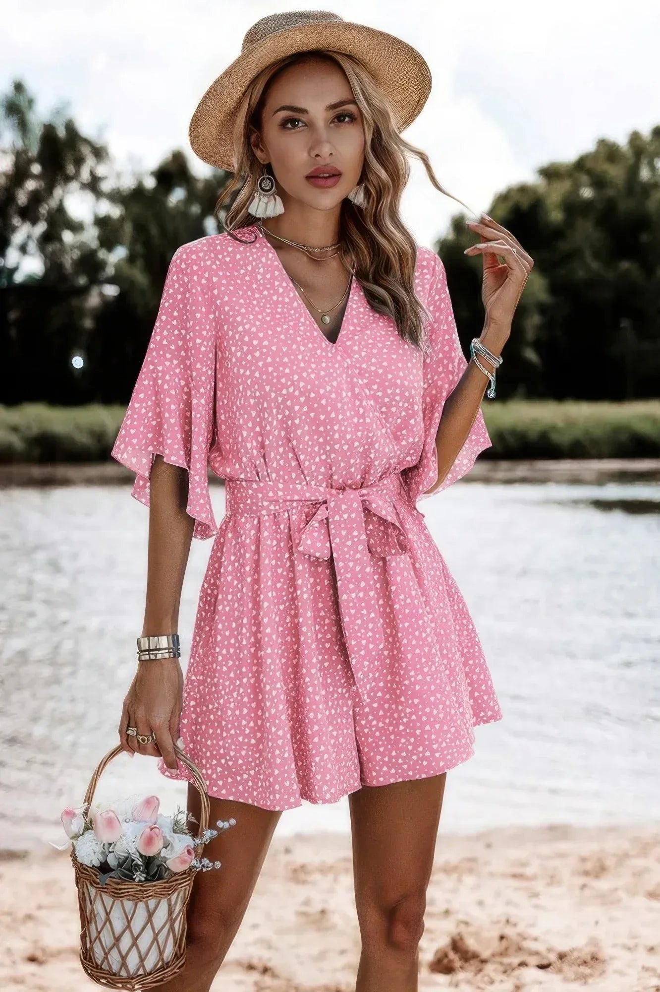 V Neck Ruffled Belted Flared Hemmed Romper | Mixtshop LLC