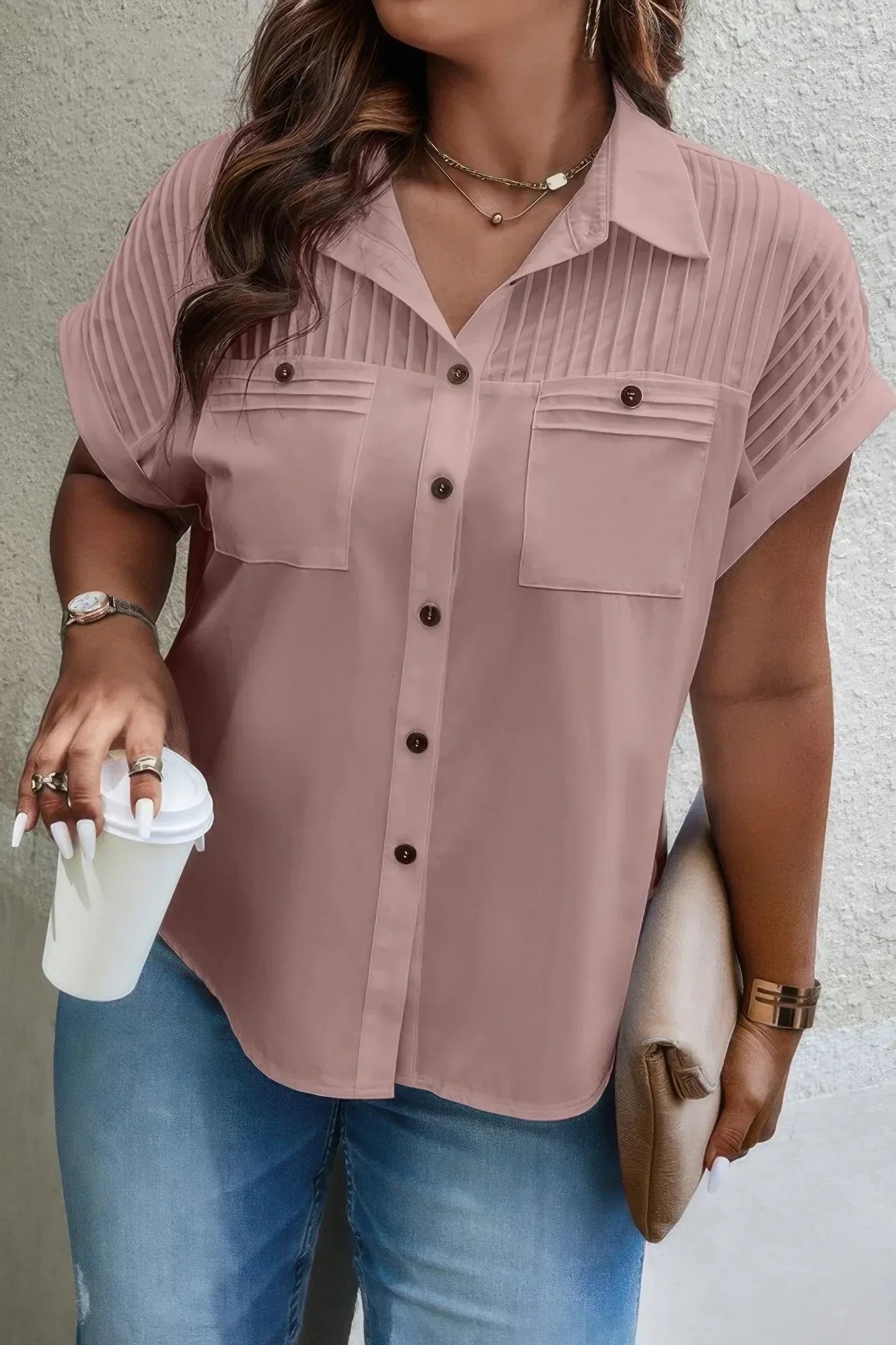 Plus Size Button Solid Color Block Loose Blouse | Mixtshop LLC Main image