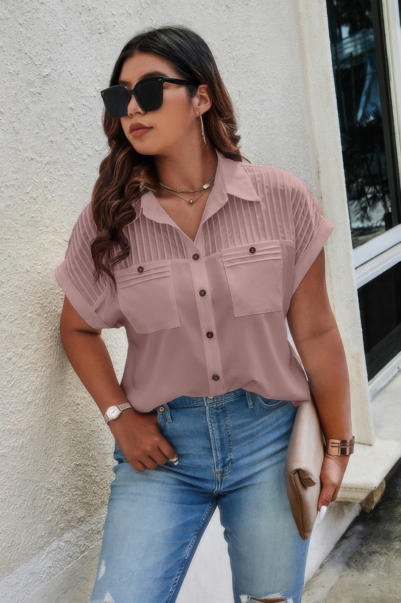 Plus Size Button Solid Color Block Loose Blouse | Mixtshop LLC