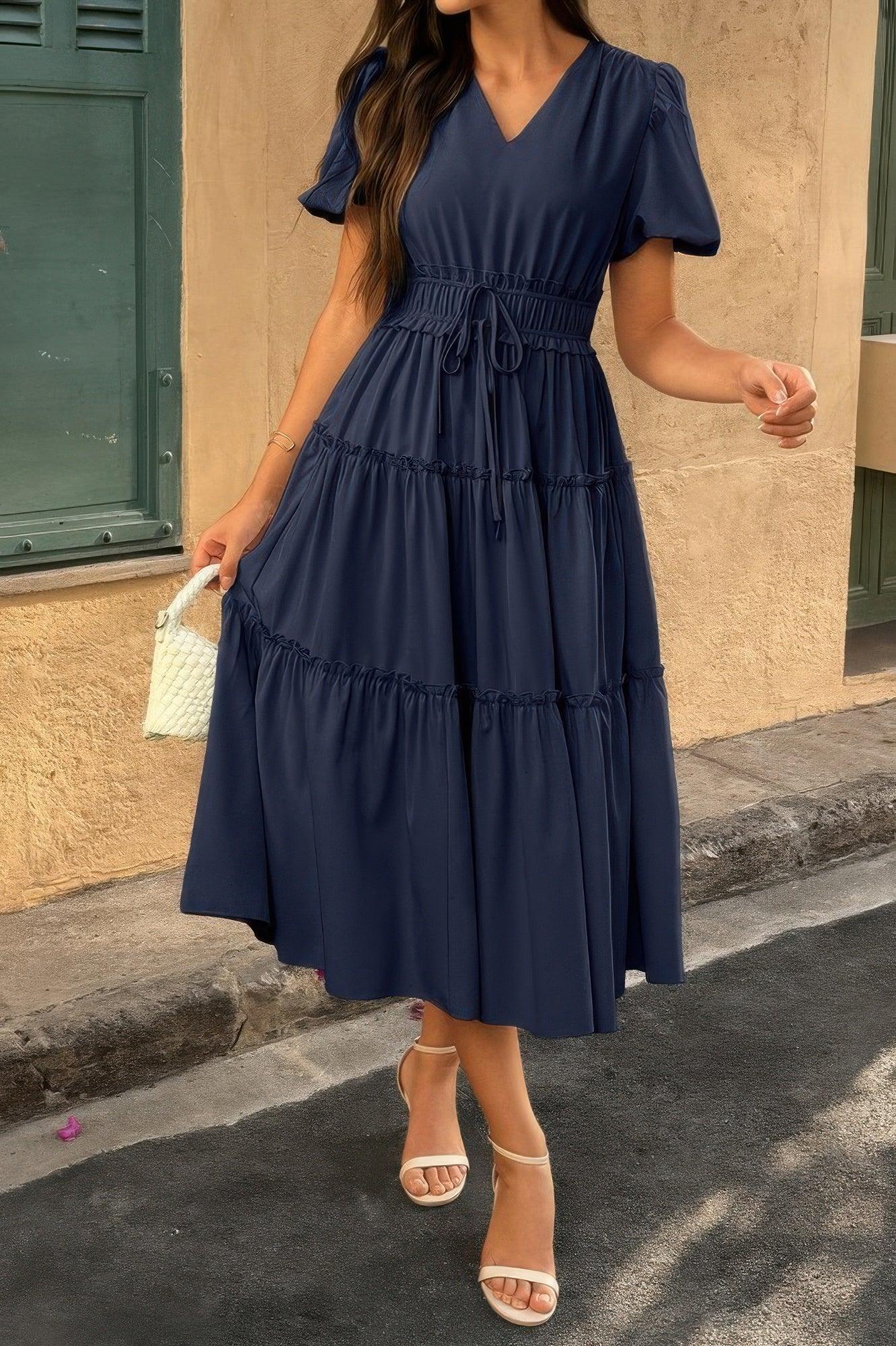 Solid Color Block Puff Sleeve Elastic Waist Dress | Mixtshop LLC Main image