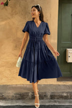 Solid Color Block Puff Sleeve Elastic Waist Dress | Mixtshop LLC