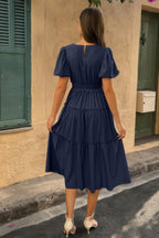 Solid Color Block Puff Sleeve Elastic Waist Dress | Mixtshop LLC
