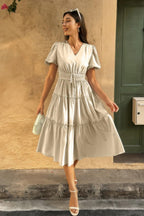 Solid Color Block Puff Sleeve Elastic Waist Dress | Mixtshop LLC