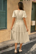 Solid Color Block Puff Sleeve Elastic Waist Dress | Mixtshop LLC