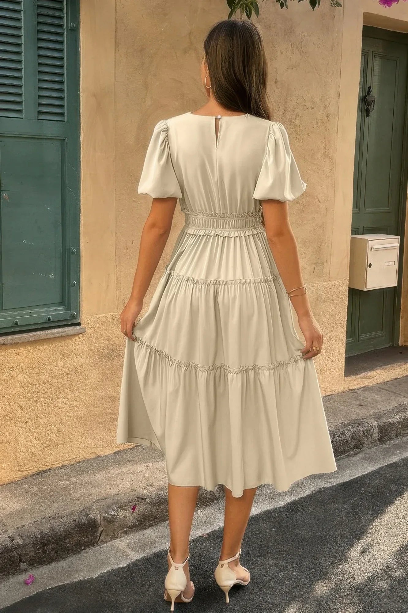 Solid Color Block Puff Sleeve Elastic Waist Dress | Mixtshop LLC