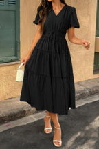 Solid Color Block Puff Sleeve Elastic Waist Dress | Mixtshop LLC