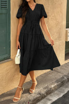 Solid Color Block Puff Sleeve Elastic Waist Dress | Mixtshop LLC