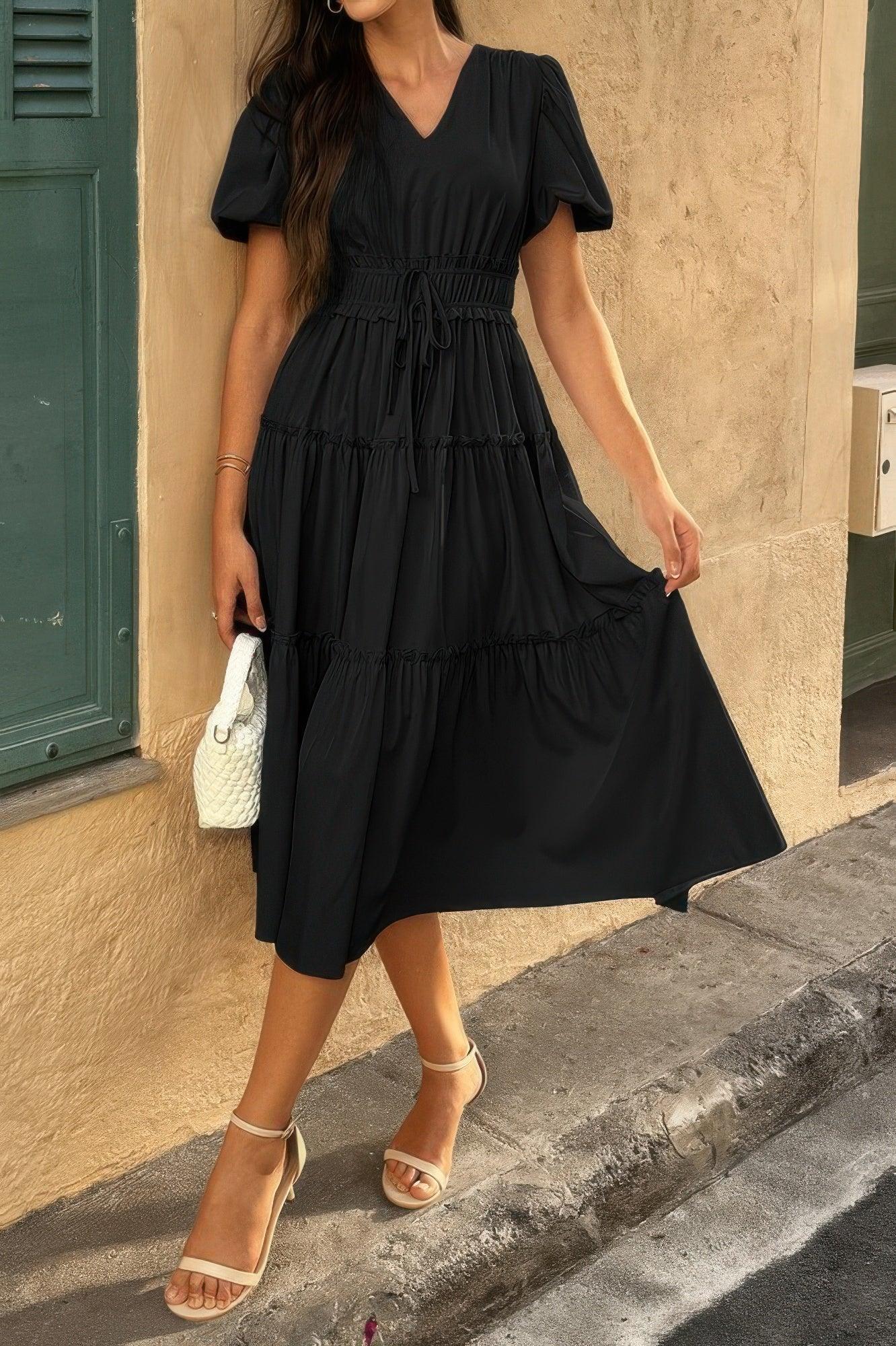 Solid Color Block Puff Sleeve Elastic Waist Dress | Mixtshop LLC
