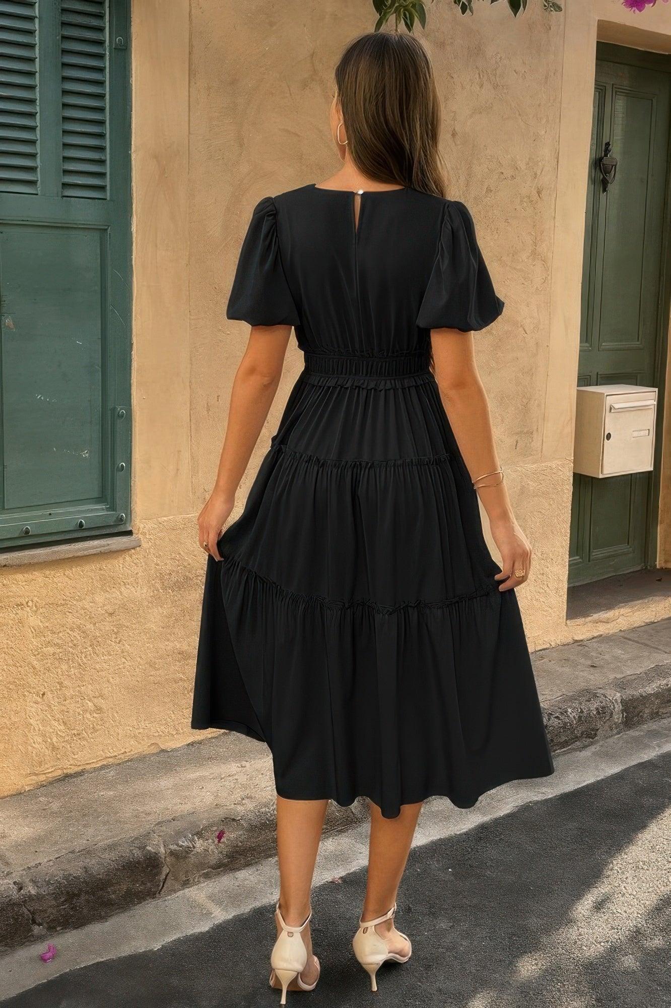 Solid Color Block Puff Sleeve Elastic Waist Dress | Mixtshop LLC