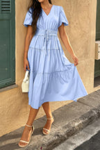 Solid Color Block Puff Sleeve Elastic Waist Dress | Mixtshop LLC