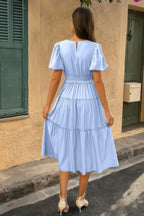 Solid Color Block Puff Sleeve Elastic Waist Dress | Mixtshop LLC