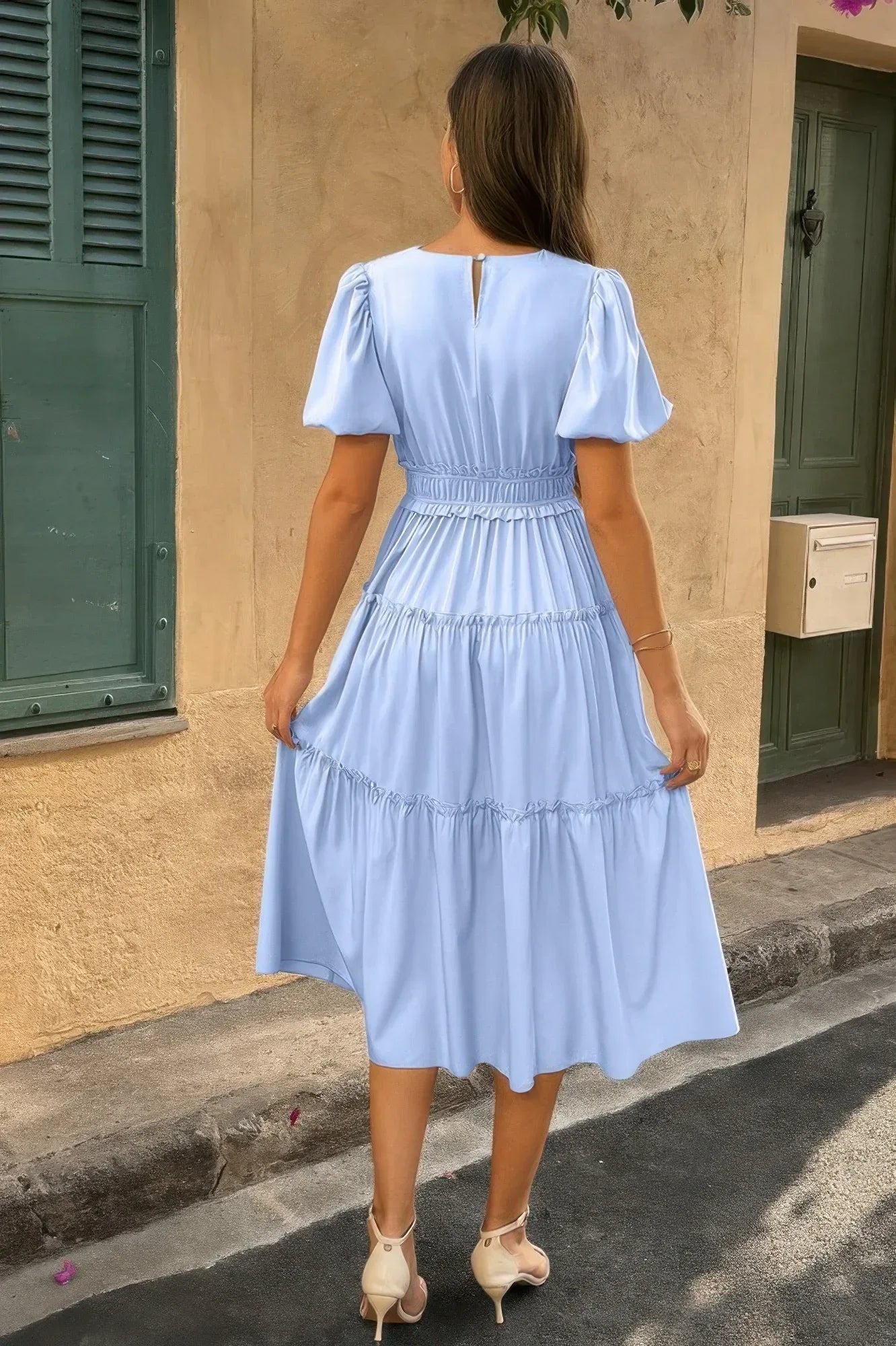 Solid Color Block Puff Sleeve Elastic Waist Dress | Mixtshop LLC