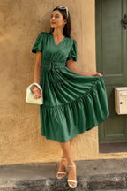 Solid Color Block Puff Sleeve Elastic Waist Dress | Mixtshop LLC