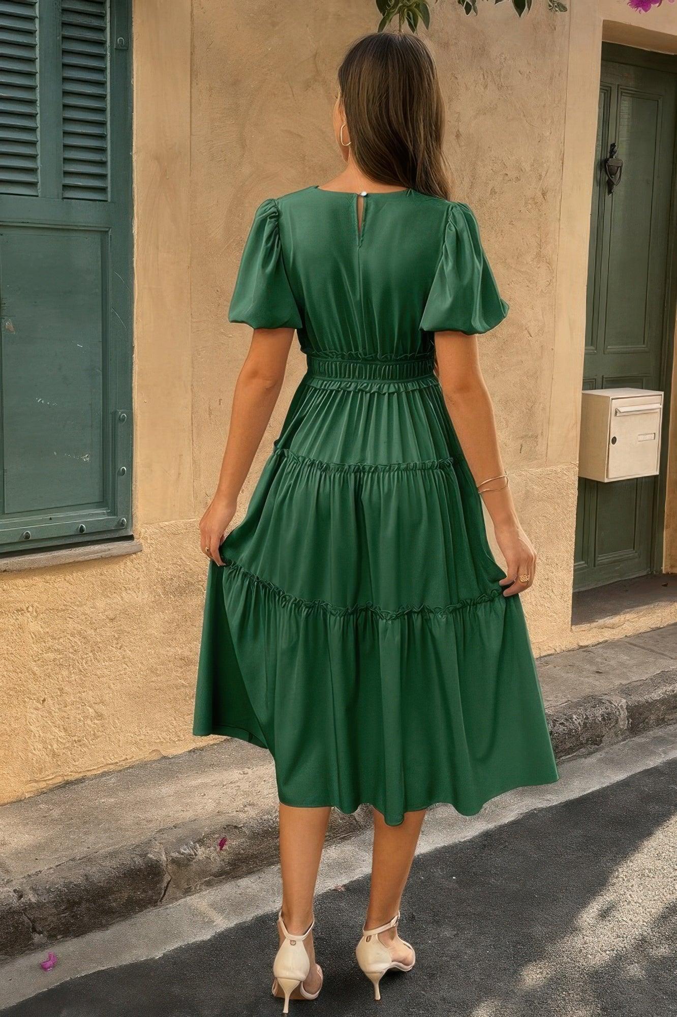 Solid Color Block Puff Sleeve Elastic Waist Dress | Mixtshop LLC