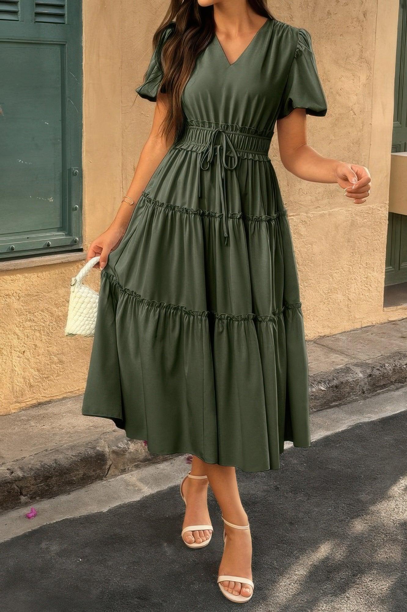 Solid Color Block Puff Sleeve Elastic Waist Dress | Mixtshop LLC