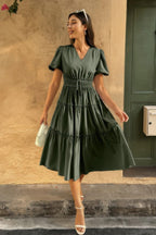 Solid Color Block Puff Sleeve Elastic Waist Dress | Mixtshop LLC