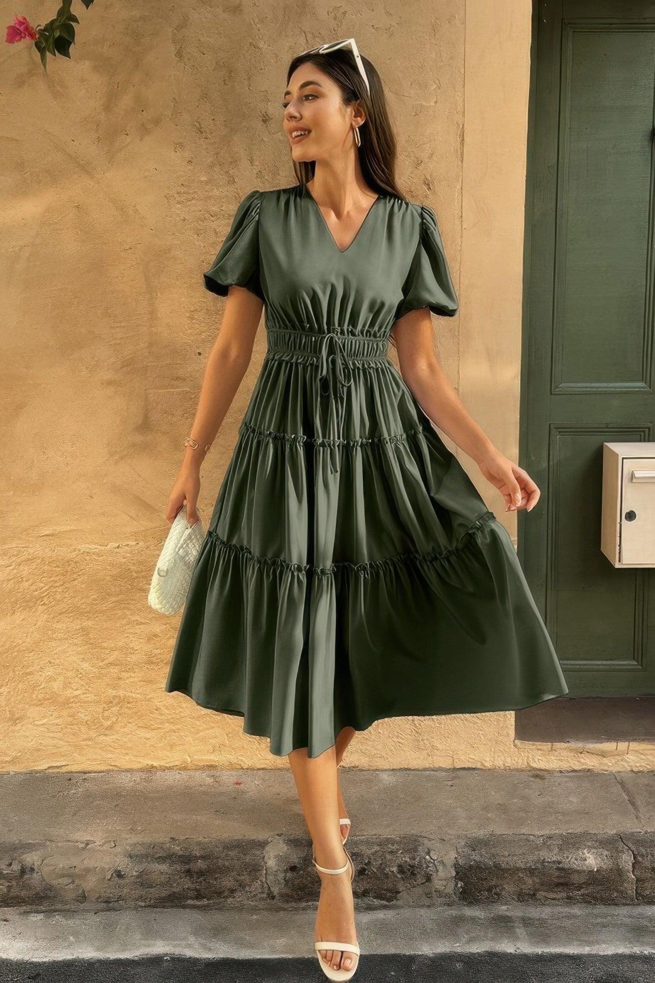 Solid Color Block Puff Sleeve Elastic Waist Dress | Mixtshop LLC