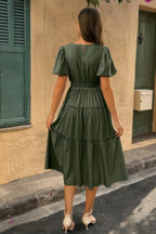 Solid Color Block Puff Sleeve Elastic Waist Dress | Mixtshop LLC