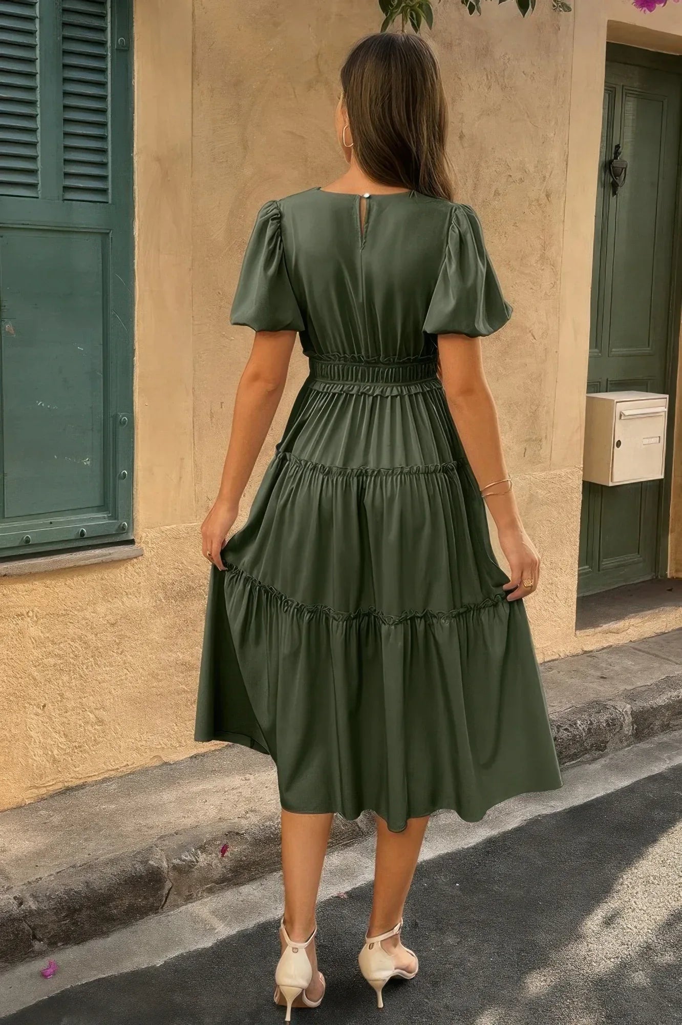 Solid Color Block Puff Sleeve Elastic Waist Dress | Mixtshop LLC