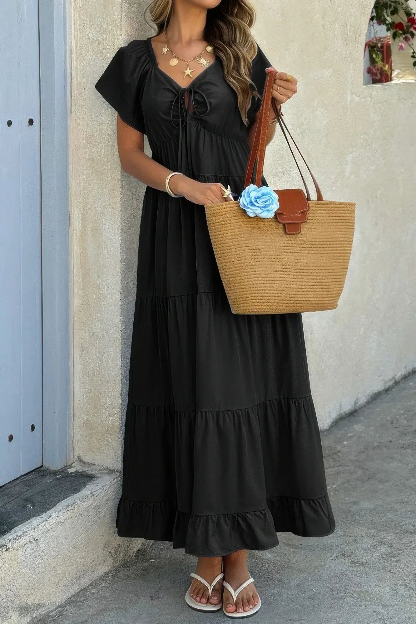 Square Neck Cross Knot Pockets Ruffle Hem Dress | Mixtshop LLC