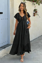 Square Neck Cross Knot Pockets Ruffle Hem Dress | Mixtshop LLC