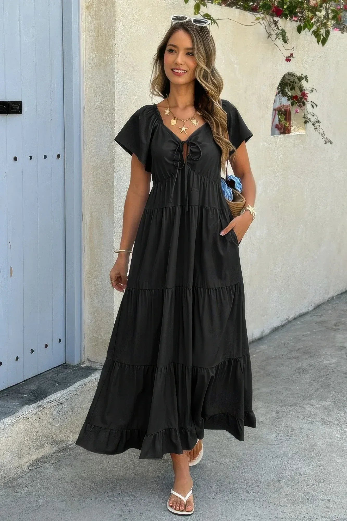 Square Neck Cross Knot Pockets Ruffle Hem Dress | Mixtshop LLC