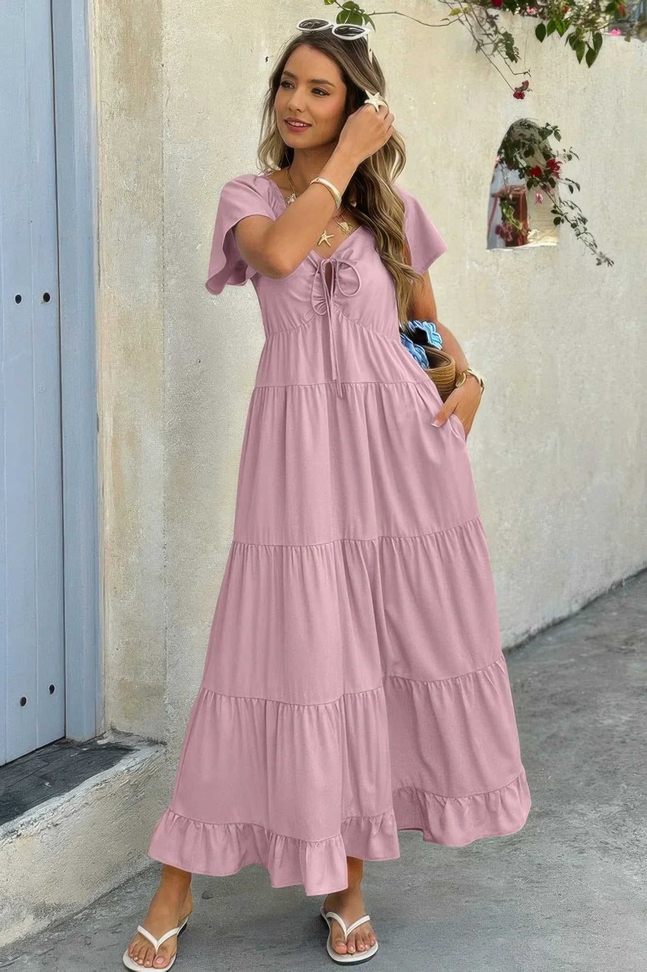 Square Neck Cross Knot Pockets Ruffle Hem Dress | Mixtshop LLC