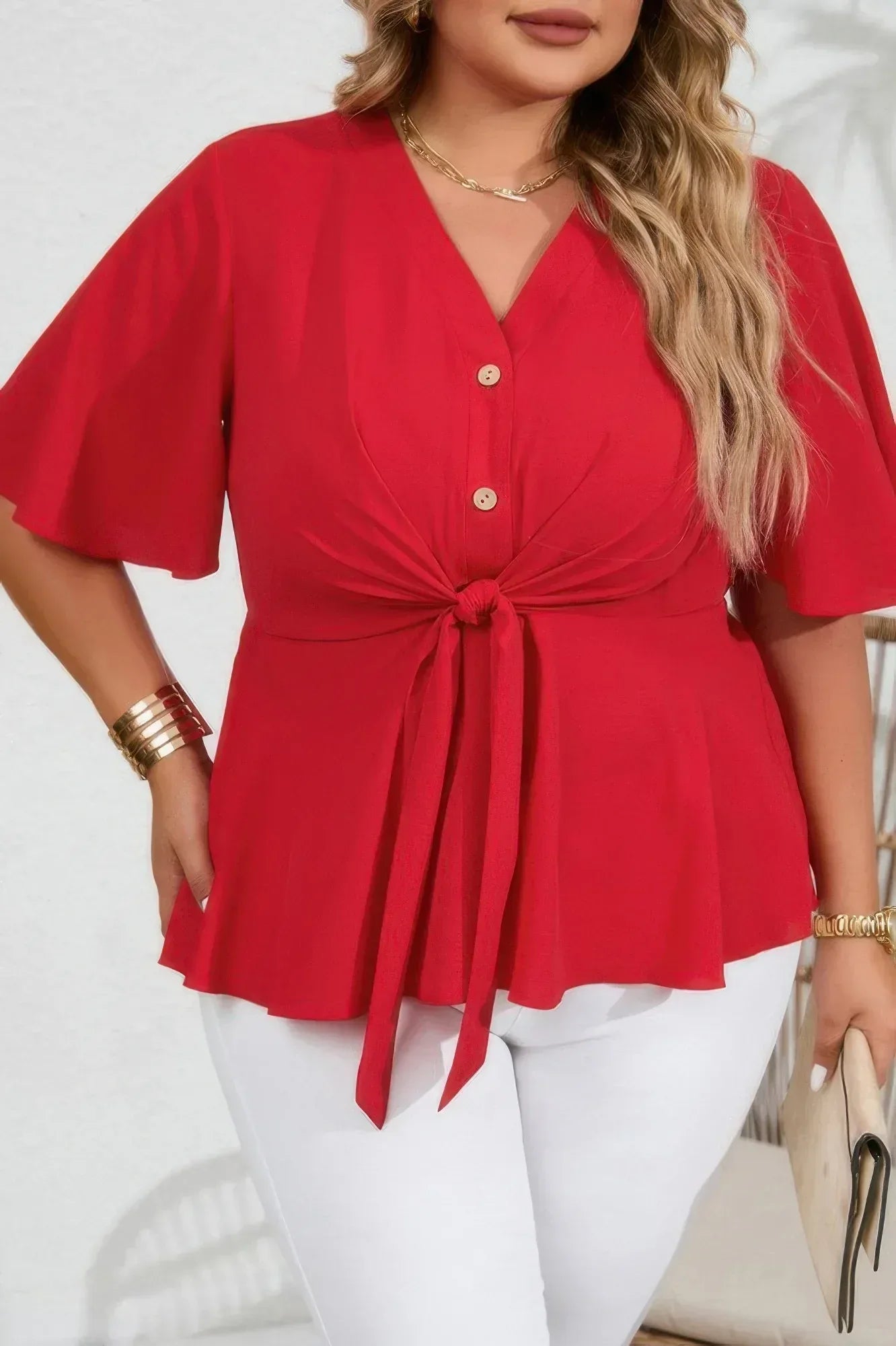 Plus Tie Front Half Button V Neck Solid Blouse Secondary image