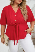 Plus Tie Front Half Button V Neck Solid Blouse | Mixtshop LLC