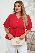 Plus Tie Front Half Button V Neck Solid Blouse | Mixtshop LLC