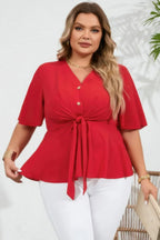Plus Tie Front Half Button V Neck Solid Blouse | Mixtshop LLC